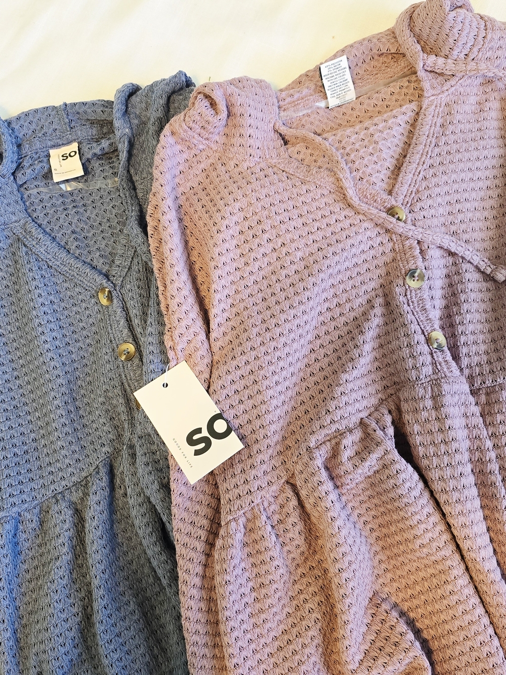 2 X NWT SO waffle-knit button-front Tops in dusty blue Sz S and mauve Sz M